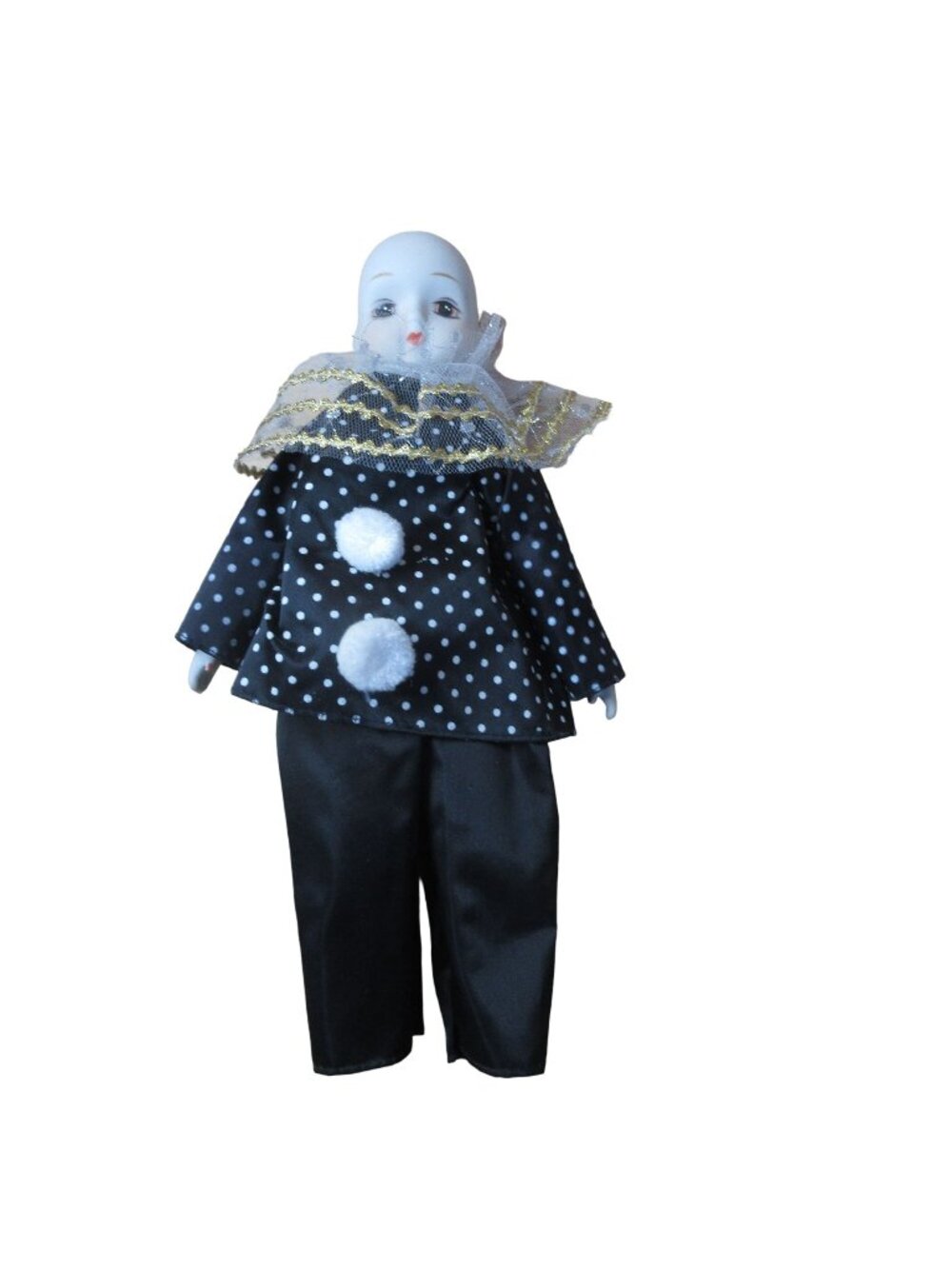 Porcelain 13" Clown Doll in Blue & White Polka Dots - Vintage 1990s